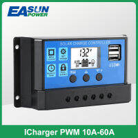 ESUN Auto PWM Controllers ตัวควบคุมการชาร์จพลังงานแสงอาทิตย์12V 24V 60A50A40A30A20Aจอแสดงผล LCD 5V Dual USB Output Controller