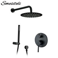 Sold Brass Matte Black Round Shower Set 8/10/12 Inch Head Straight Wall Arm Set With Mixer Taps Alba Black Bathroom Bath Faucet Showerheads