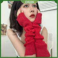 CHUAN ฤดูหนาวในฤดูหนาว ถุงมือถักนิตติ้ง อบอุ่นและอบอุ่น ลำลองแบบสบายๆ ถุงมือไร้นิ้วยาว ที่มีคุณภาพสูง พังก์โกธิค ถุงมือนวม สำหรับผู้หญิง