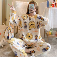 2021 Winter Pajamas Womens thick Flannel Cartoon Pooh Thick Coral Fleece Sleepwear Home Service Suit 2 Piece Thick Tops+Pants