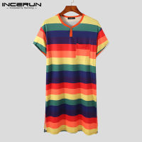 Leisure Colorful Patchwork Homewear INCERUN Fashion Striped Sleep Robes Men Short Sleeve O Neck Nightgown Man Cozy Bathrobes 5XL