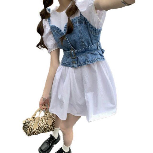 spring-2023-new-korean-wear-temperament-versatile-shirt-top-personality-design-sense-denim-suspender-two-piece-set