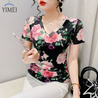 ② Yimei ชุดสตรีขนาดใหญ่เสื้อยืดผู้หญิงสวยๆฤดูร้อนปี2023แฟชั่นพอร์ตหน้าจอรับเสื้อยืดผู้หญิงแขนสั้นคอวีด้านบน Slimming ดูสไตล์ต่างประเทศเสื้อวินเทจ