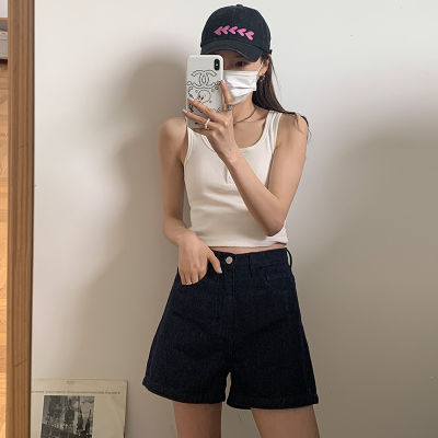 Nantao กางเกงขาสั้นผ้ายีนส์ผู้หญิงเรียบง่าย 2023 ฤดูร้อนสไตล์เกาหลี A กางเกงลำลองทรงตรงเอวสูงใส่แล้วดูผอมสำหรับคนตัวเล็ก