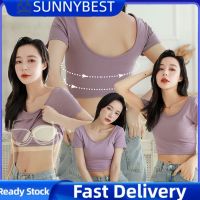 SUNNYBEST เสื้อยืดคอกลมแขนสั้นสำหรับผู้หญิง,เสื้อยืดคอกลมแขนสั้นที่มีแบริ่งเดียวสำหรับฤดูร้อนแผ่นตัดด้านบนด้วยลำลองเอวสูง