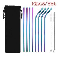 10 Pcs Metal Reusable Stainless Steel Straws Straight Bent Drinking Straw with Case Cleaning Brush Set Party Bar Accessory Specialty Glassware