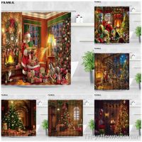 【hot】☎  Painting Shower Curtains Claus Garland Xmas Fireplace New Year Curtain Set