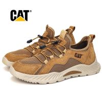 Caterpillar รองเท้าผ้าใบหนังผู้ชายรองเท้าสำหรับทำงานส้นเตี้ยแบบตาข่ายระบายอากาศได้ลำลอง