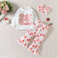 【Forever CY Baby】Toddler Girls 3Pcs Christmas Outfits, Long Sleeve Letter Pattern Tops + Flare Pants + Headband Set