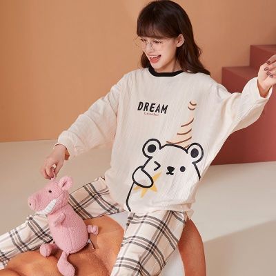 MUJI High quality 秋季新款睡衣高档纯棉女长袖卡通学生可外穿ins可爱家居服套装