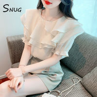 SNUG เสื้อเชิ้ตแขนสั้นผ้าชีฟองแบบสวมหัวลำลองคอปกใบบัวรับการออกแบบแฟชั่นใหม่ฤดูร้อน2023