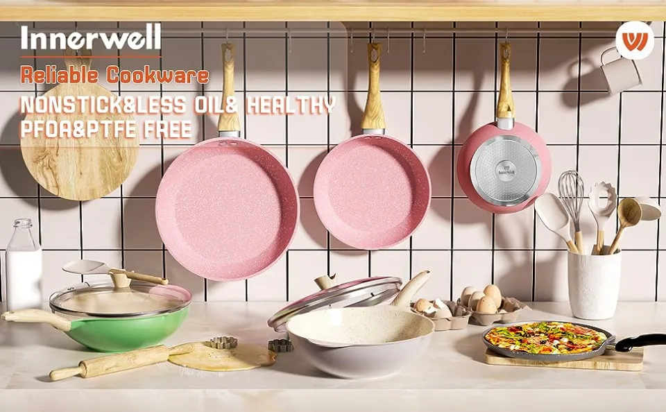 Innerwell 8 Pcs Nonstick Cookware Sets Granite Stone Kitchen Frying Pan Set  Cooking Pink Cookware with Stay Cool Handles 