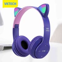 [Vktech] หมวกกันน็อกบลูทูธหูฟังไร้สายหูแมว,หมวกกันน็อกที่รองรับแสงเรืองแสงชุดหูฟังครอบหูสเตอริโอหูฟังเล่นกีฬาเบสสำหรับโทรศัพท์พีซี