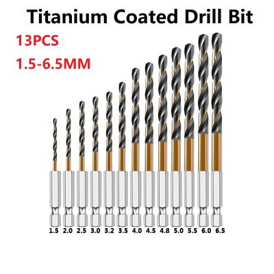 13pcsset 1.5-6.5mm HSS Drilling Bit Titanium Coated 14 Hex Shank Black Yellow Two-color Twist Drill For Cordless Screwdriver