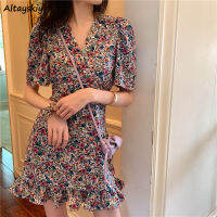 Dress Women V-neck Slim Leisure Floral Design Retro Fashion Ruffles Ulzzang Feminine Holiday Soft Summer New Chiffon Harajuku