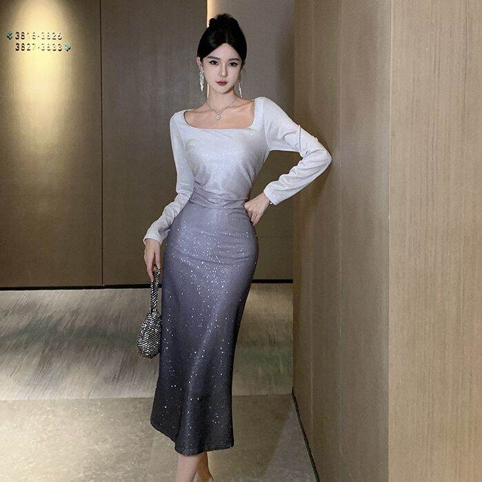 Shiny plain long sleeve evening outlet dresses