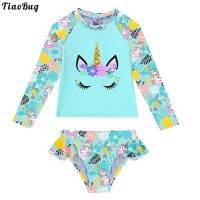 ❂ TiaoBug 2Pcs Kids Girls Cartoon Print Swimsuit Round Neck Long Sleeves Tops And Briefs Set Swimwear Beach Pool Bathing Suit