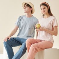 Short-sleeved pullover Lenzing modal cotton couple pajamas womens summer wholesale solid color simple mens and home clothes top