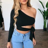 【CW】 lady bandage slim tee tops long sleeve one shoulder bow tie elastic solid T Shirt cold crop top Street