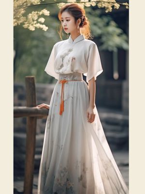 Hanfu ชุดกระโปรงหน้าแขนสั้นสำหรับผู้หญิงเสื้อ + เสื้อรูปม้าแบบใหม่ย้อนยุคใหม่2023