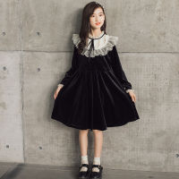 Girls Velour Dress Teen and Kids Lace Patchwork Dress Bow Black 2021 New Autumn Children Clothes with Cotton Lining,# 6529