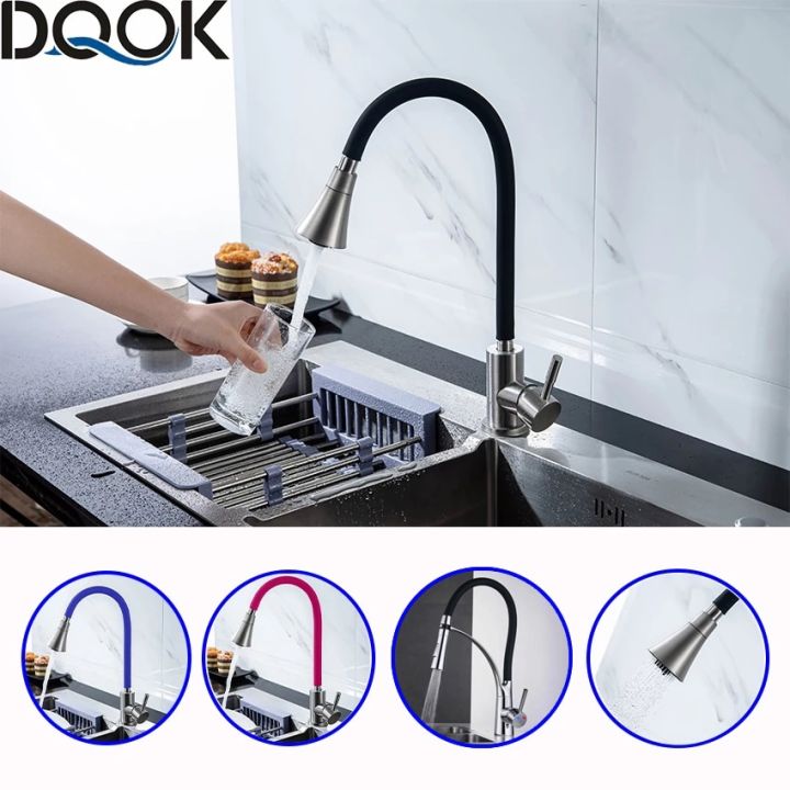 dqok-เครื่องผสมน้ำก๊อกน้ำห้องครัวหมุนสีดำสีน้ำเงินเย็นและร้อนจมูกซิลิกาเจลสำหรับครัวที่จับเดี่ยวสีชมพู