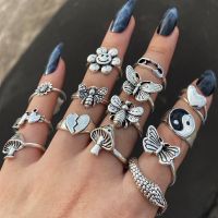 Vintage Gothic Butterfly Snake Angle Flower Multi Element Ring Set For Women Men Retro Personality Finger Adjustable Ring Gifts