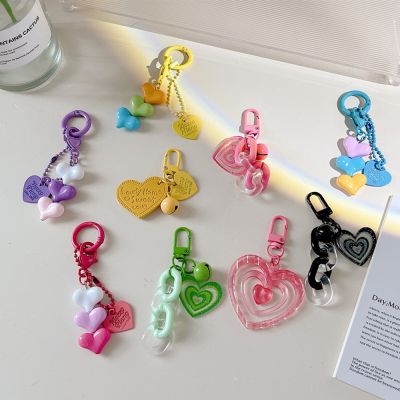 Fashion Resin Heart Pendant Keychain With Bell Creative Women Colorful Plastic Link Chain Key Ring Earphone Case Bag Accessories