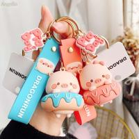 ANGELIO จี้กระเป๋าลายการ์ตูนของของขวัญคู่สีชมพูฟ้า Keyfob โดนัทพวงกุญแจหมูพวงกุญแจลูกหมู