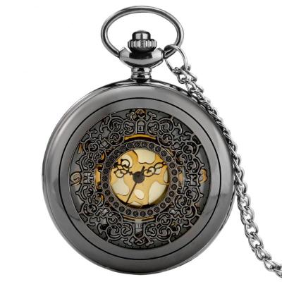 ของขวัญนาฬิกาขนาดพกพาย้อนยุคสีดำกลวงหนาแน่นจบหรูหราดอกไม้ควอตซ์สตีมพังค์จี้นาฬิกาพกพาโบราณ