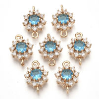 2pc Transparent Glass Links connectors with Golden Tone Brass Findings and Clear Rhinestone Faceted Flower Dodger Blue 16x11x5mm Hole: 1.2mm