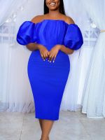 ZZOOI AOMEI Women Party Dress Blue Off Shoulder Short Puff Sleeve High Waist Sexy Bodycon Midi Length Evening Cocktail Event Gowns New