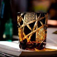 ญี่ปุ่น Royal พิเศษ R Edo Kiriko แก้วไวน์ Hand Cut กระพริบ Lightning Design Amber Whisky Glass High End Gift