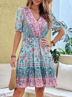 jkk 2022 New Boho for Ladies Floral Print Ethnic Short Sleeve V Neck Dresses Beach Wear Outfits Robe