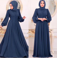 2022 Middle Eastern Muslim Women Robe Solid Color Chiffon Beaded Belted Waist Dress Muslim Abaya