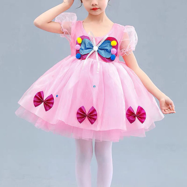 ชุดการแสดงวันเด็กชุดเดรสผ้าโปร่งฟูฟ่องน่ารักชุดเจ้าหญิงผีเสื้อสีชมพูชุดการแสดงเต้นรำสำหรับเด็กอนุบาล