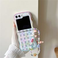 Korean Cute Floral Flower Dance Girl Cloud Rainbow Wavy Case with Bracelet for Galaxy Z Flip 5 Z Flip5 Flip4 Zflip3 Zflip5 Cover