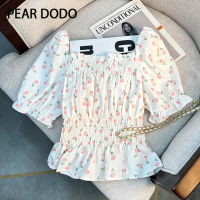 PEAR DODO ชุดเดเสื้อยืดแขนสั้นฉบับภาษาเกาหลีแขนพองลายดอกไม้คอเหลี่ยมสำหรับผู้หญิง