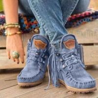 Women Faux Suede Boots Autumn Causal Lace Up Round Toe Female Ankle Boots Vintage Solid Tassel Ladies Cowboy Boots Short Boot