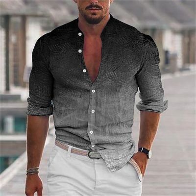 เสื้อผู้ชายใหม่ปกตั้งและกระดุมแขนยาวพิมพ์ลาย3D ทับทิมสีดำเป็นแฟชั่นและระบายอากาศได้ดี