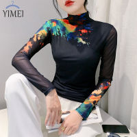 YIMEI เสื้อสตรีเซ็กซี่พิมพ์ลายวินเทจเสื้อยืดแขนยาวฟิตเนสใหม่สำหรับฤดูใบไม้ร่วงเสื้อยืดผ้าตาข่าย2023แขนยาว