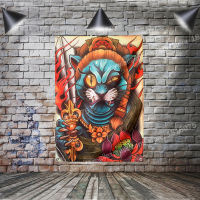 Japanese Style Cat And Owl Tattoo Wall Art Poster Flag Banner Home Decoration Hanging Flag 4 Gromments 3*5FT 144CM*96CM