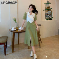 MAOZHUXIA Dress Women POLO Collar Contrast Color Design Slit New Slim Dress High Waist Long And Short Black Casual Green Sweet Blue Fashion Student Daily Date