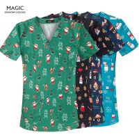 Mens Print Workwear Scrub Tops Cartoon Christmas Print nursing uniform Plus Size Pediatrician Shirt Nursing Uniform Summer Female