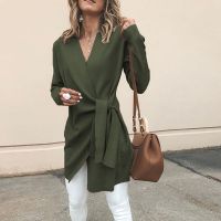 Female Solid Color Long-sleeved V-neck Cardigan The Belt Can Be Tied Casual V Neck Sweater Autumn Elegant Fashion Sueter Mujer