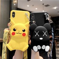 เคสโทรศัพท์รูปการ์ตูน Pikachu ลายแมวคิตตี้2ชิ้นสำหรับชุด Samsungs โทรศัพท์มือถือกระเป๋าใส่เหรียญ + เคสนิ่มมีสายคล้อง0000