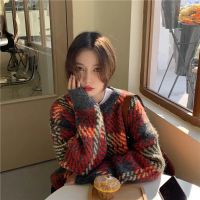 Winter Vintage Knit Female Pullovers Oversize Long Sleeve Patchwork Women Sweater Korean Loose Woman Sweaters Clothing