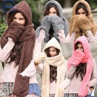 QUEEN Cute Warm Winter Plush Velvet Pocket Gloves Hats 3 In 1 Hooded Scarf