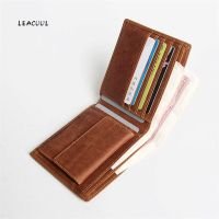 LEACOOL Genuine Leather Wallet Men Vintage Handmade Short Bifold Wallets Purse Card Holder With Zipper Coin Pocket Money Bag