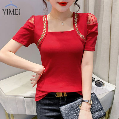 YIMEI Large cotton T-shirt 2023 Spring New Design Fashion Mesh Bubble Sleeve T-shirt Womens Western-style Versatile Short Sleeve Hollow Hot Diamond Top